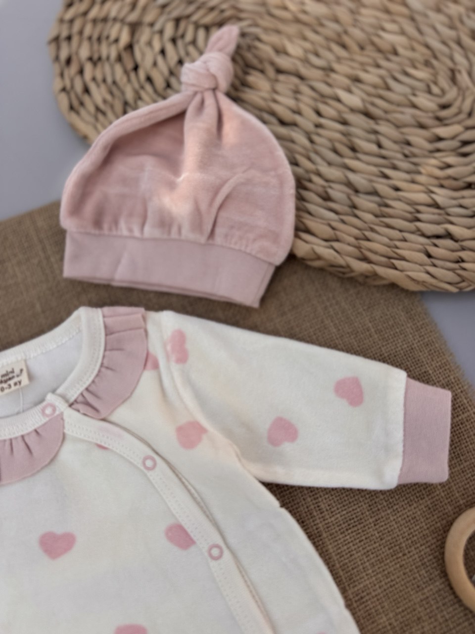 Dusty Pink Hearts Velvet overall With Hat