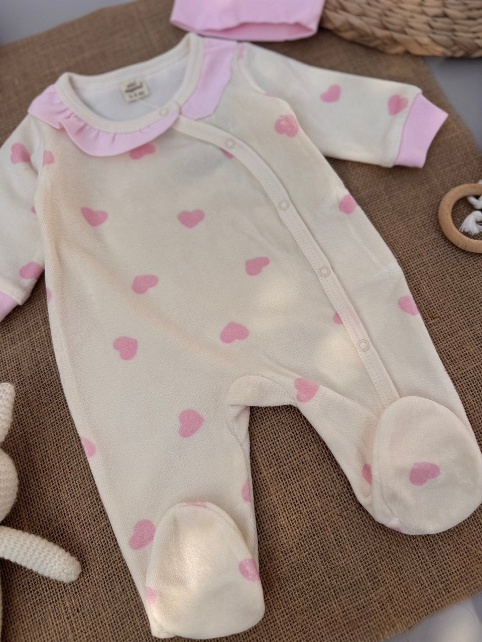 Pink Hearts Velvet overall With Hat