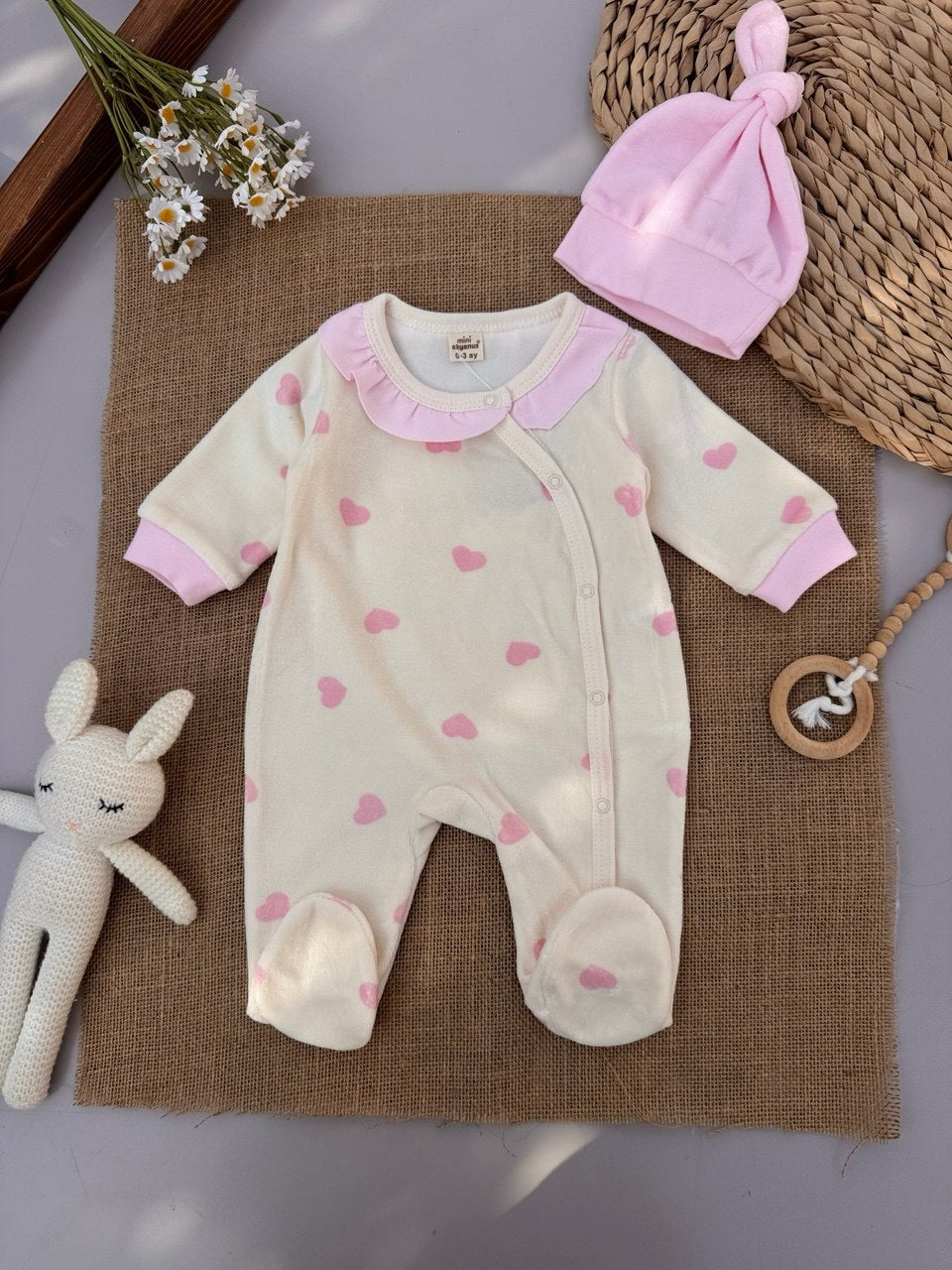 Pink Hearts Velvet overall With Hat