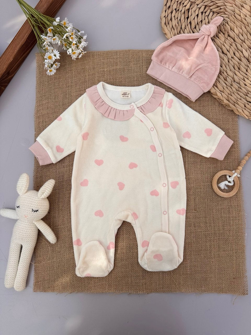 Dusty Pink Hearts Velvet overall With Hat