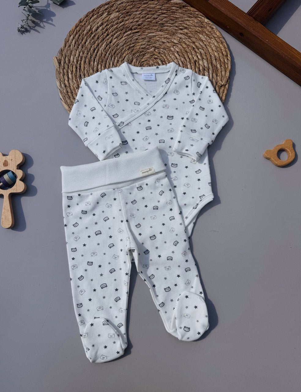 Off-White And Grey Bears Organic Cotton Double Layer Bodysuit 2 Levels
