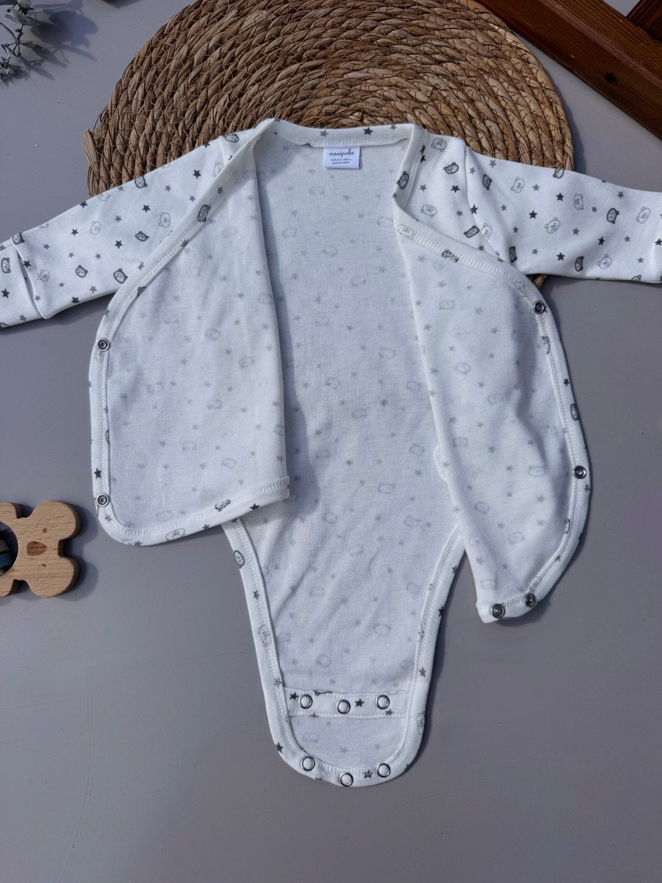 Off-White And Grey Bears Organic Cotton Double Layer Bodysuit 2 Levels