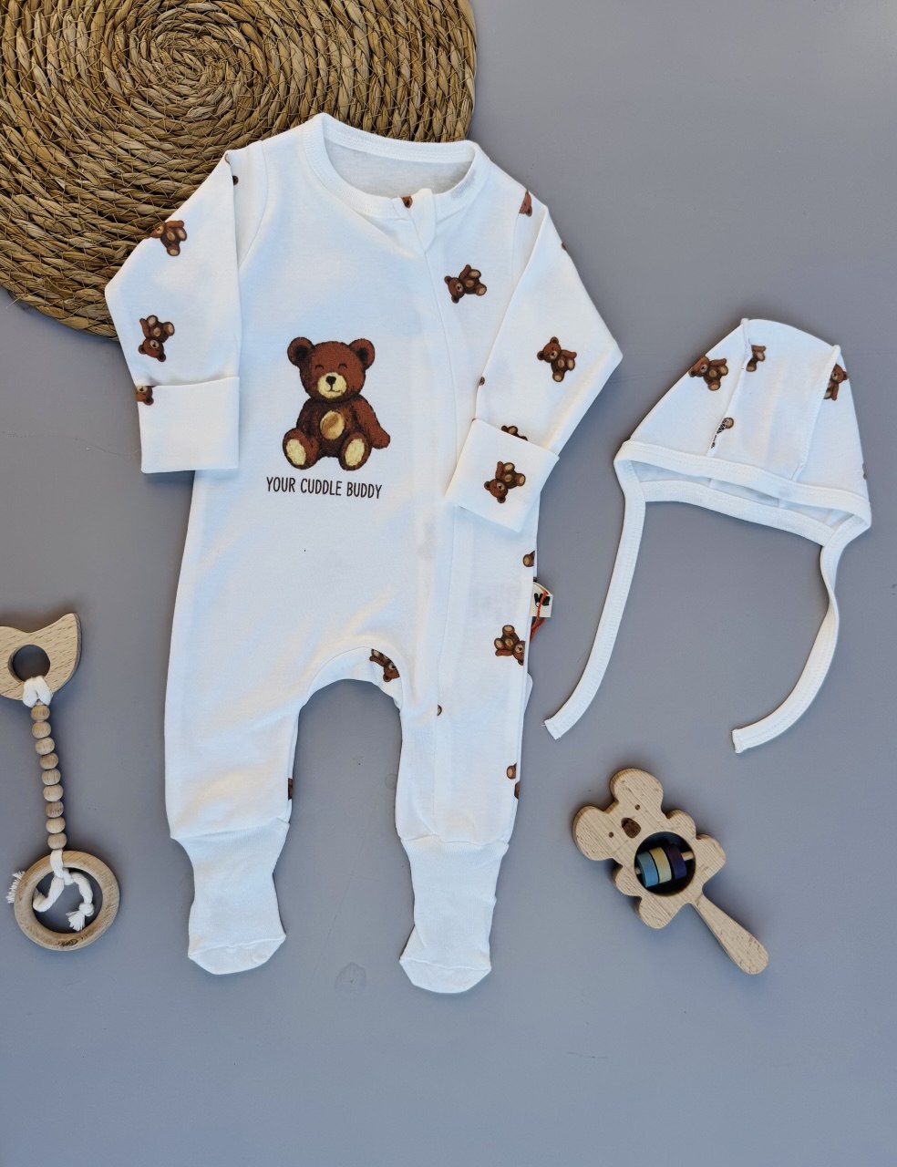 White Cotton Zipper Overall With Hat
