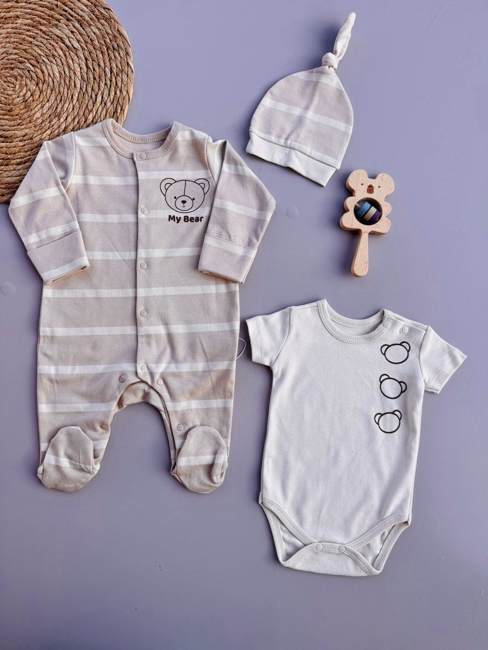 Beige Bear Cotton Overall With Bodysuit And hat