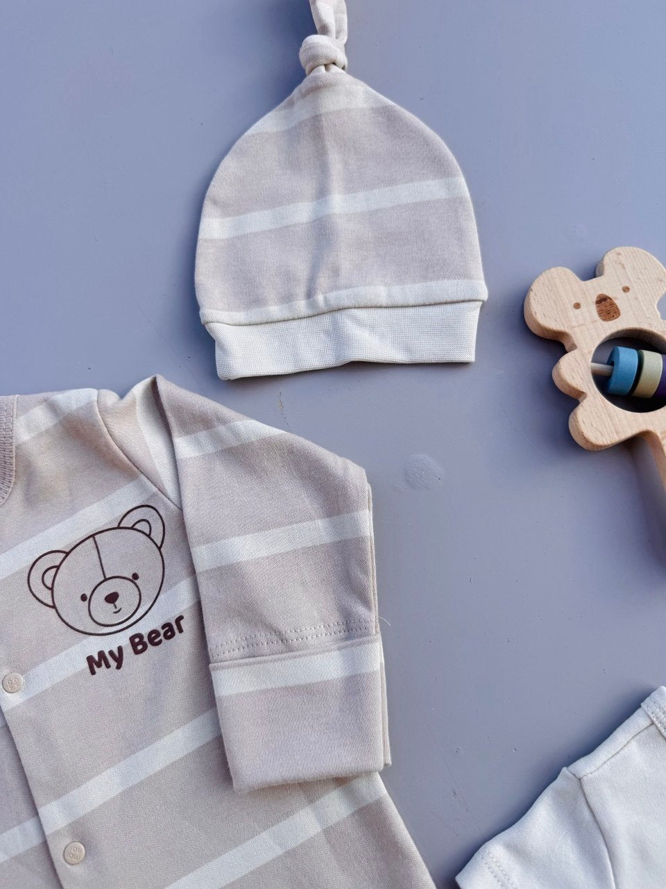 Beige Bear Cotton Overall With Bodysuit And hat