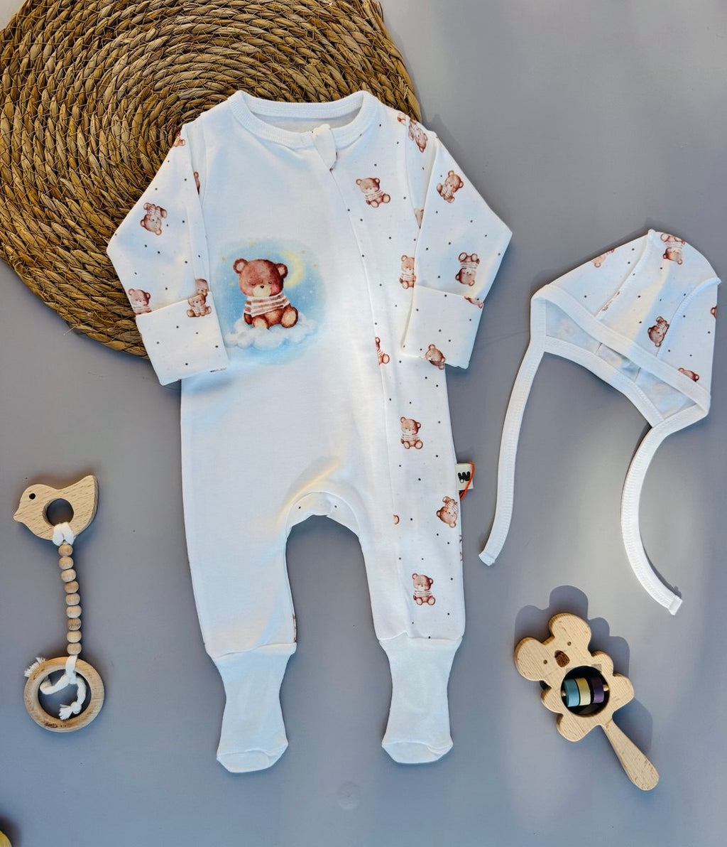 White Cotton Zipper Overall With Hat