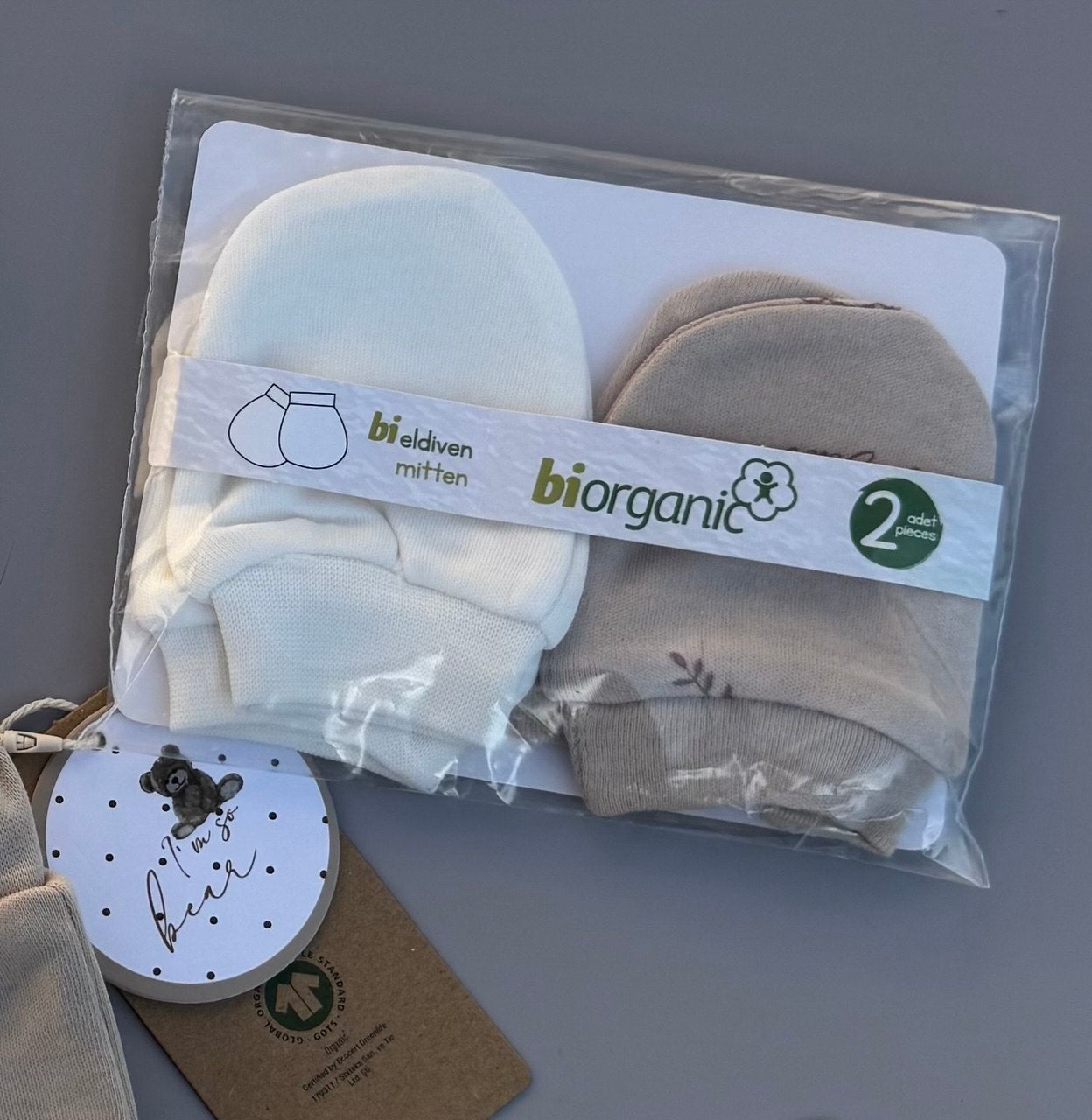 White And Beige Organic Cotton 2 pairs Of Mittens
