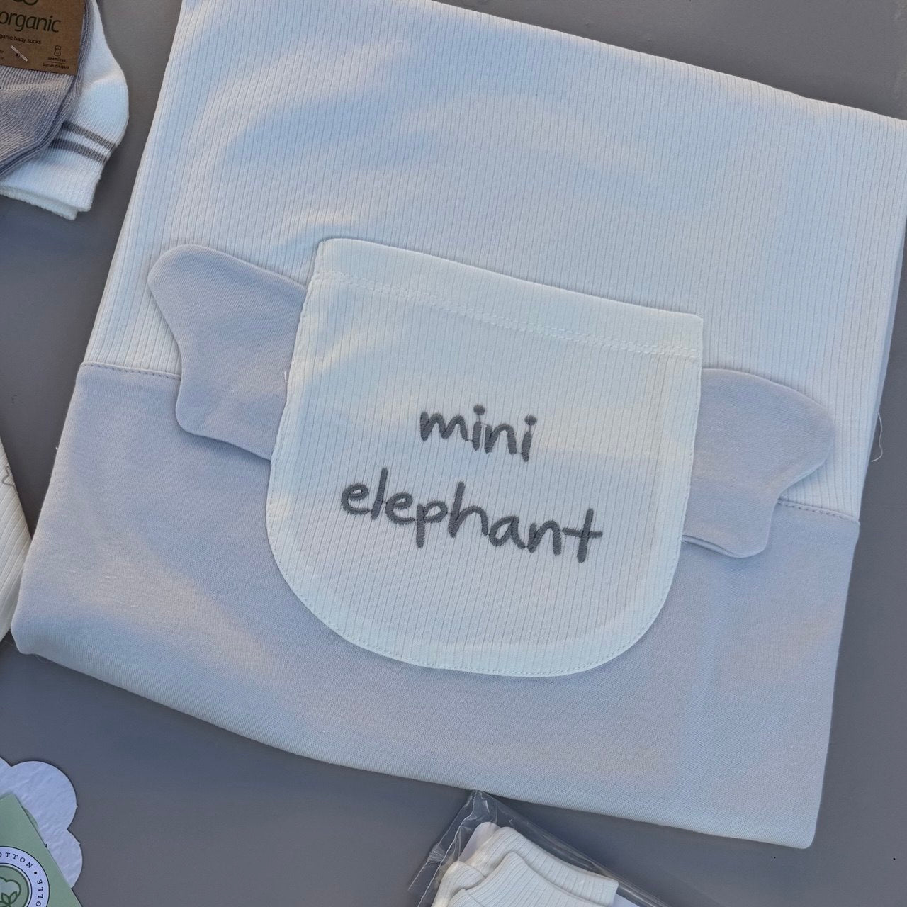 White And Grey Mini Elephant Organic Cotton Blanket GOTS Certified