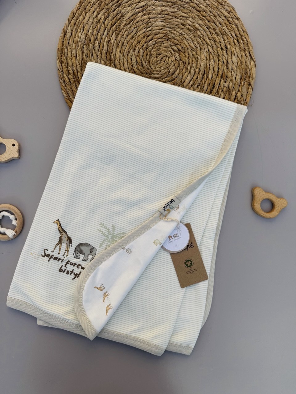 White And Mint Safari Organic Cotton Double Face Blanket