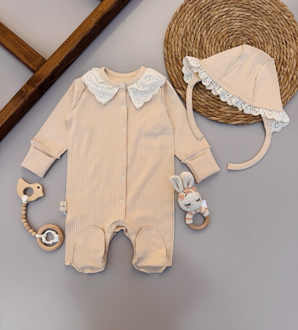 Beige 100% Cotton Dentelle Overall With Hat