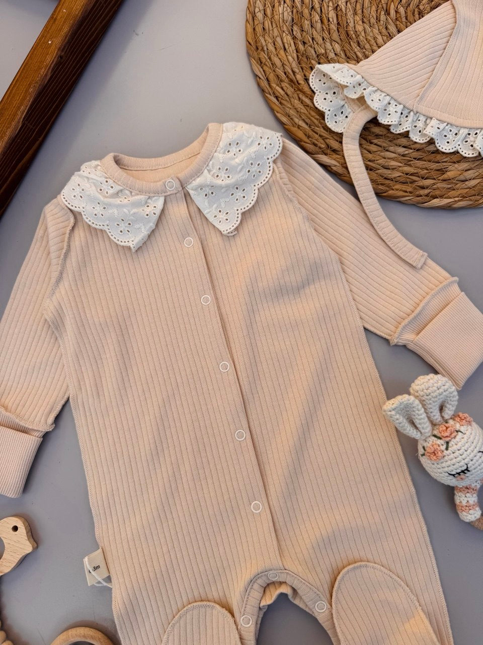 Beige 100% Cotton Dentelle Overall With Hat