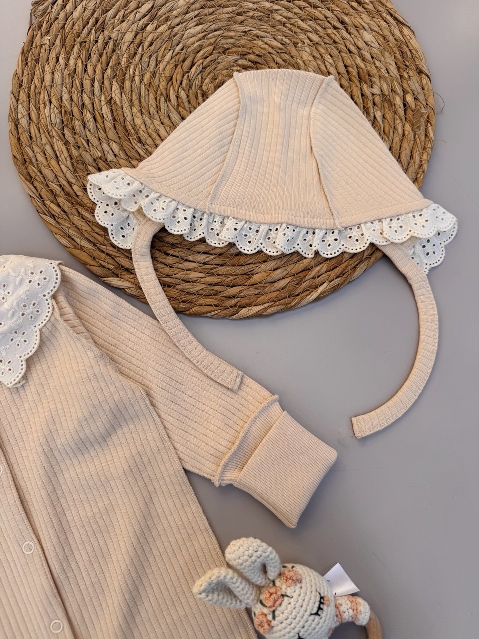 Beige 100% Cotton Dentelle Overall With Hat