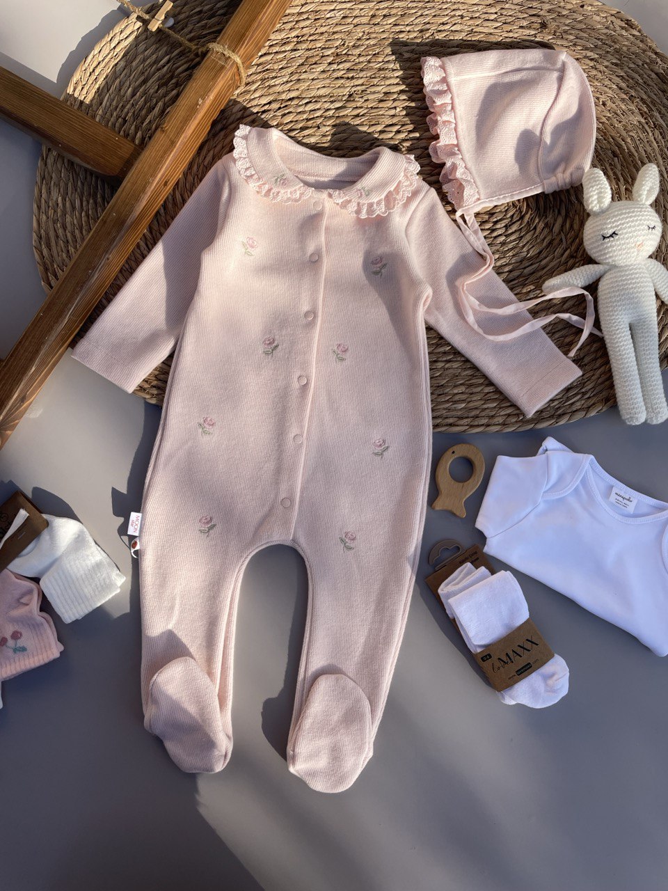 Pink Flowers Overall With Hat