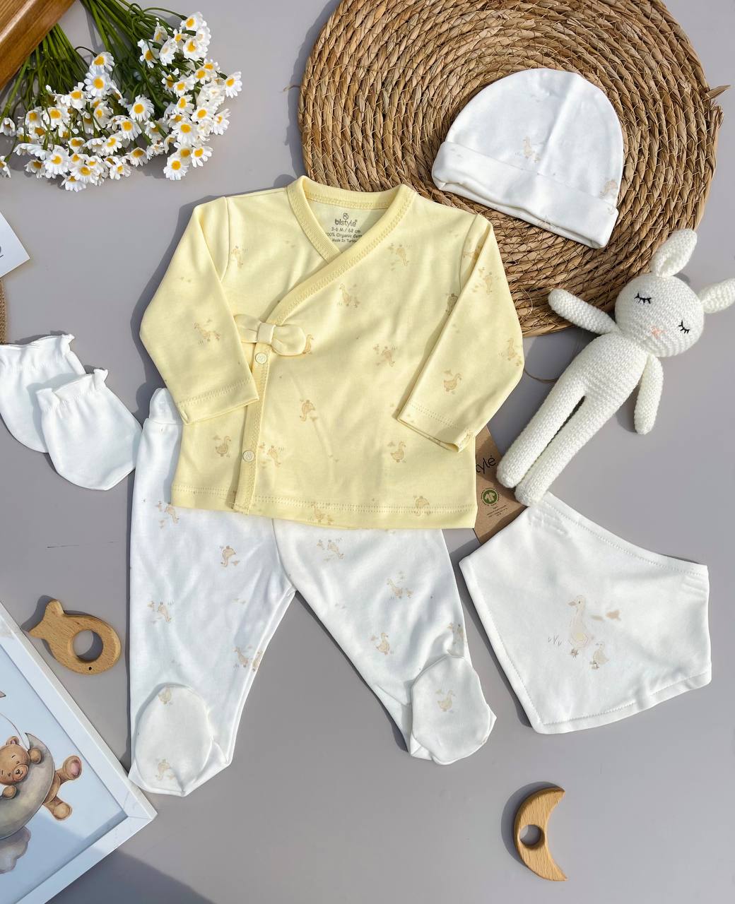Yellow And White Ducks Organic Cotton Set 5 Pcs