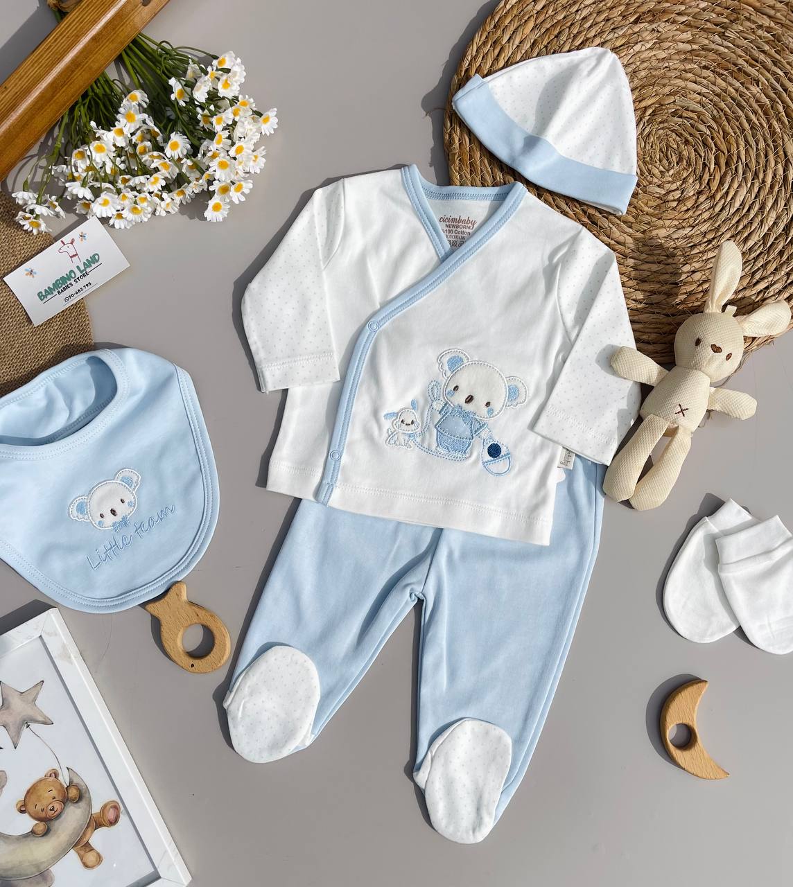 White And Blue 5 Pcs Cotton Set Bear