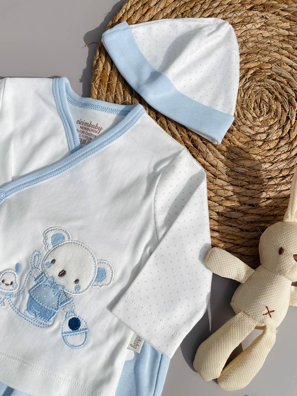 White And Blue 5 Pcs Cotton Set Bear