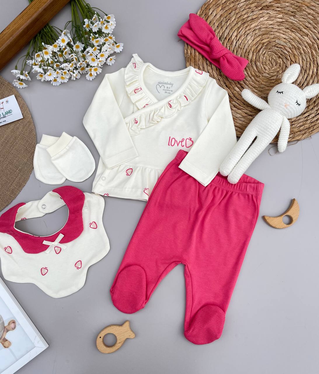 Fuchisia And White 5 Pcs Cotton Set