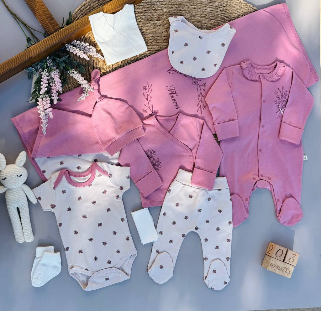 Dark Pink Flowers 10 Pcs Cotton Hospital Set