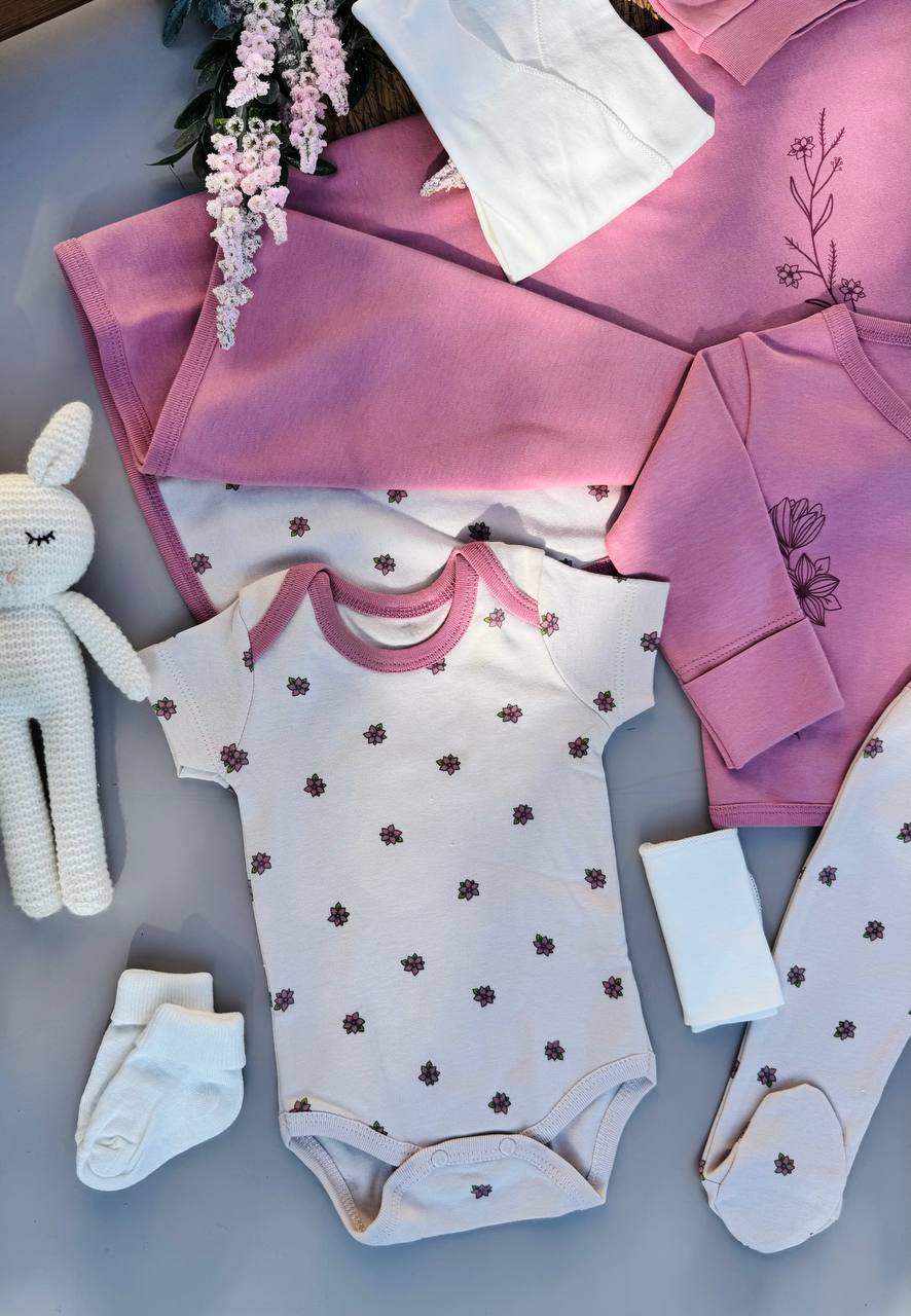 Dark Pink Flowers 10 Pcs Cotton Hospital Set