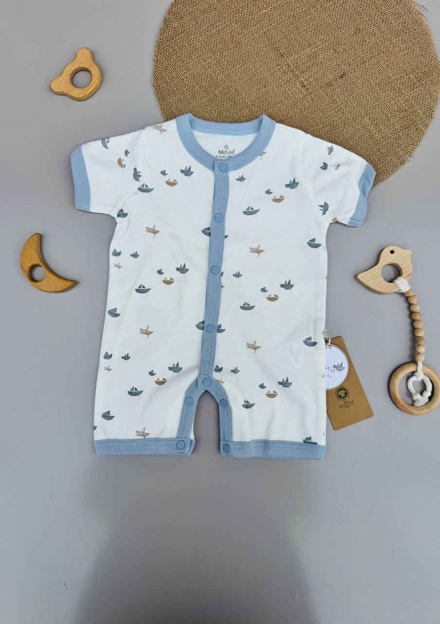 White And Blue Boats Organic Cotton GOTS Certified Romper