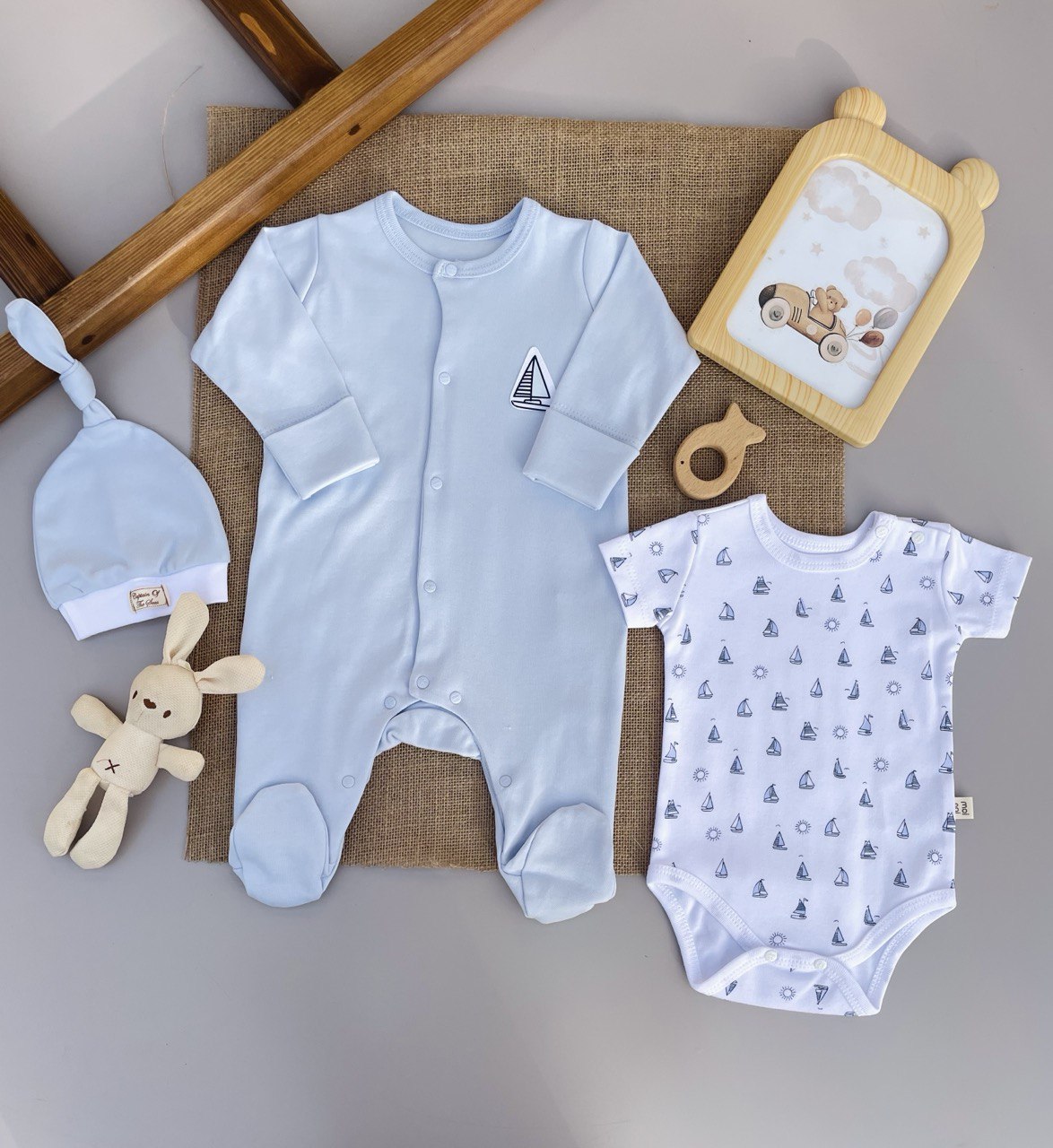 Blue Marin Overall With Bodysuit And Hat