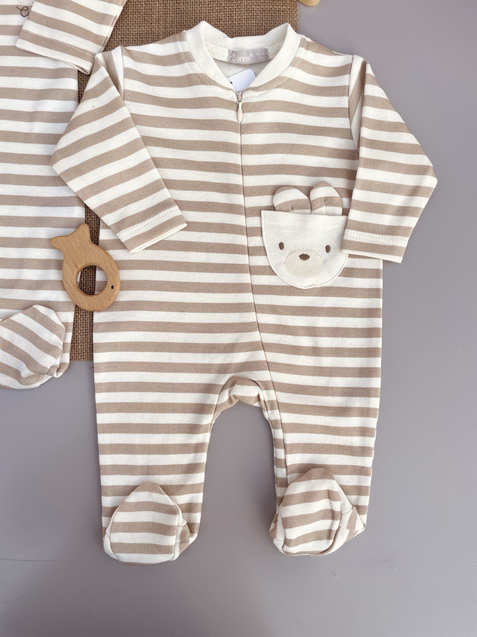 Beige Stripped Cotton Overall