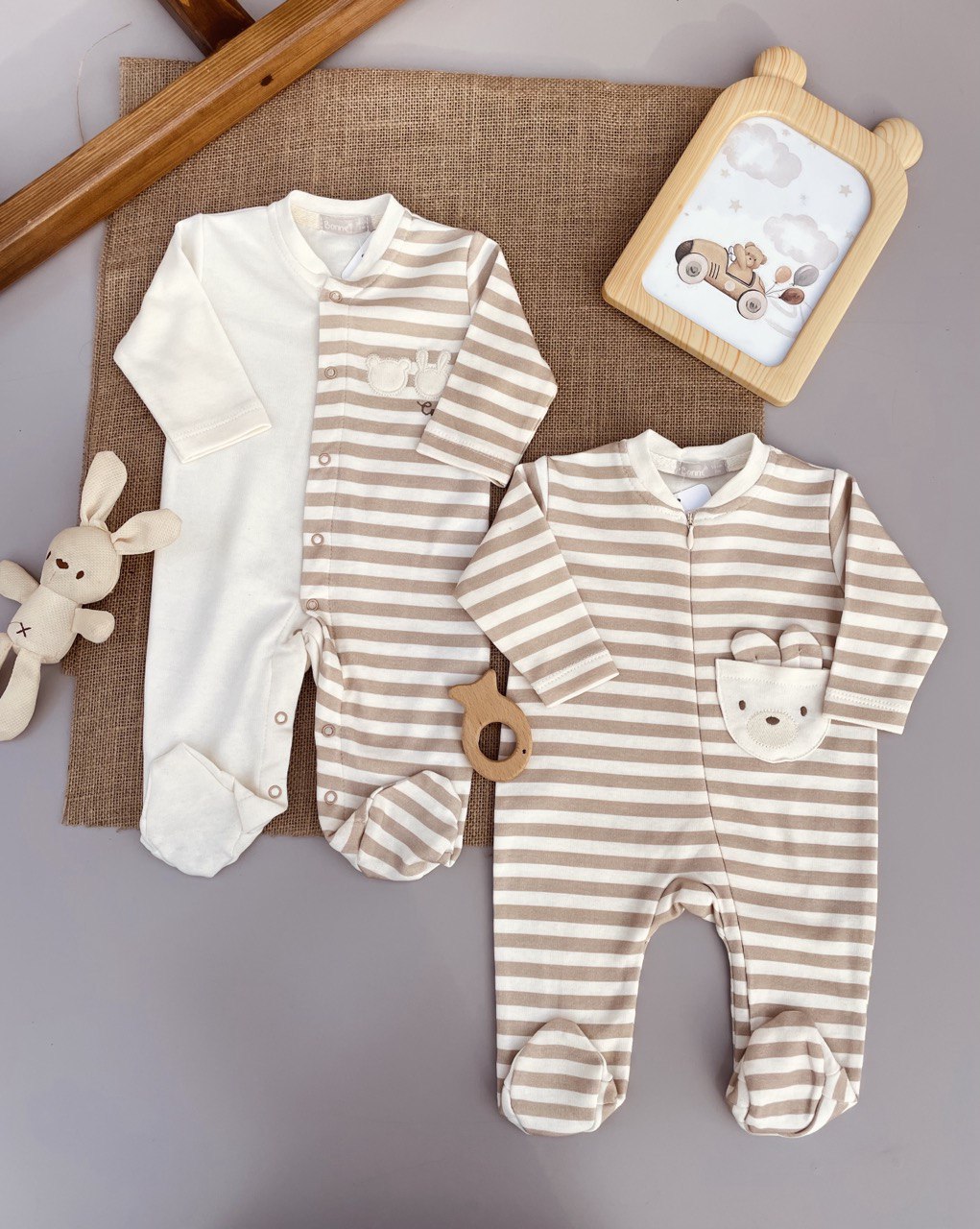 Beige Stripped Cotton Overall