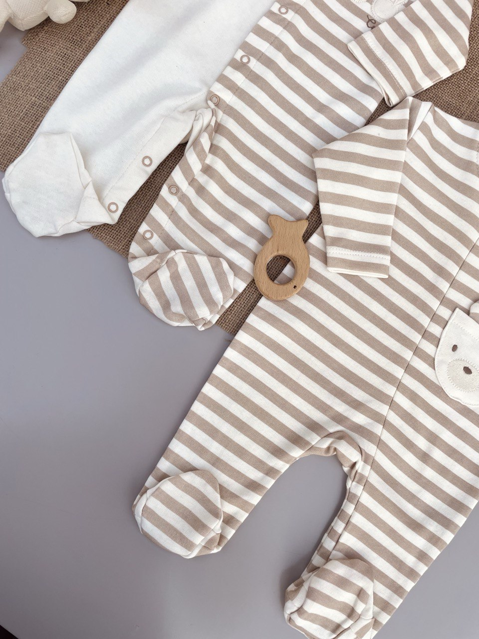 Beige Stripped Cotton Overall