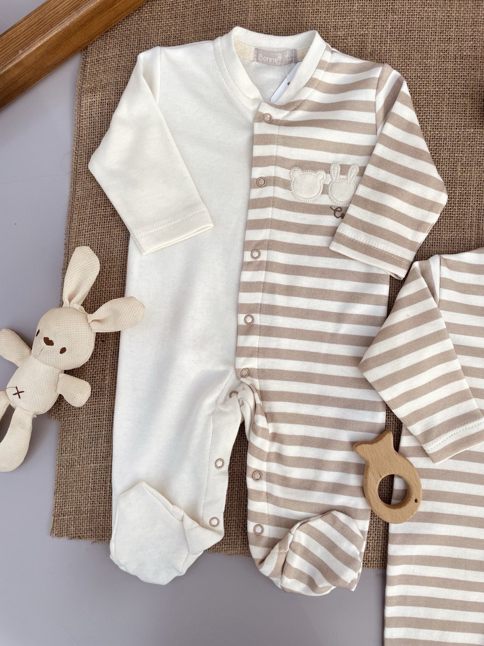 Beige Stripped Cotton Overall